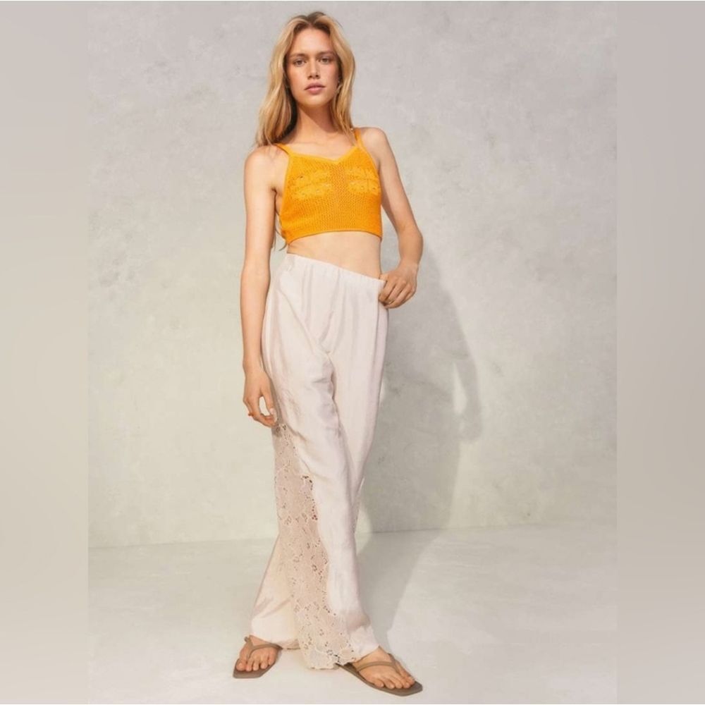 H&M Beige Lace inset Satin Wide Leg Pants Size 6 S